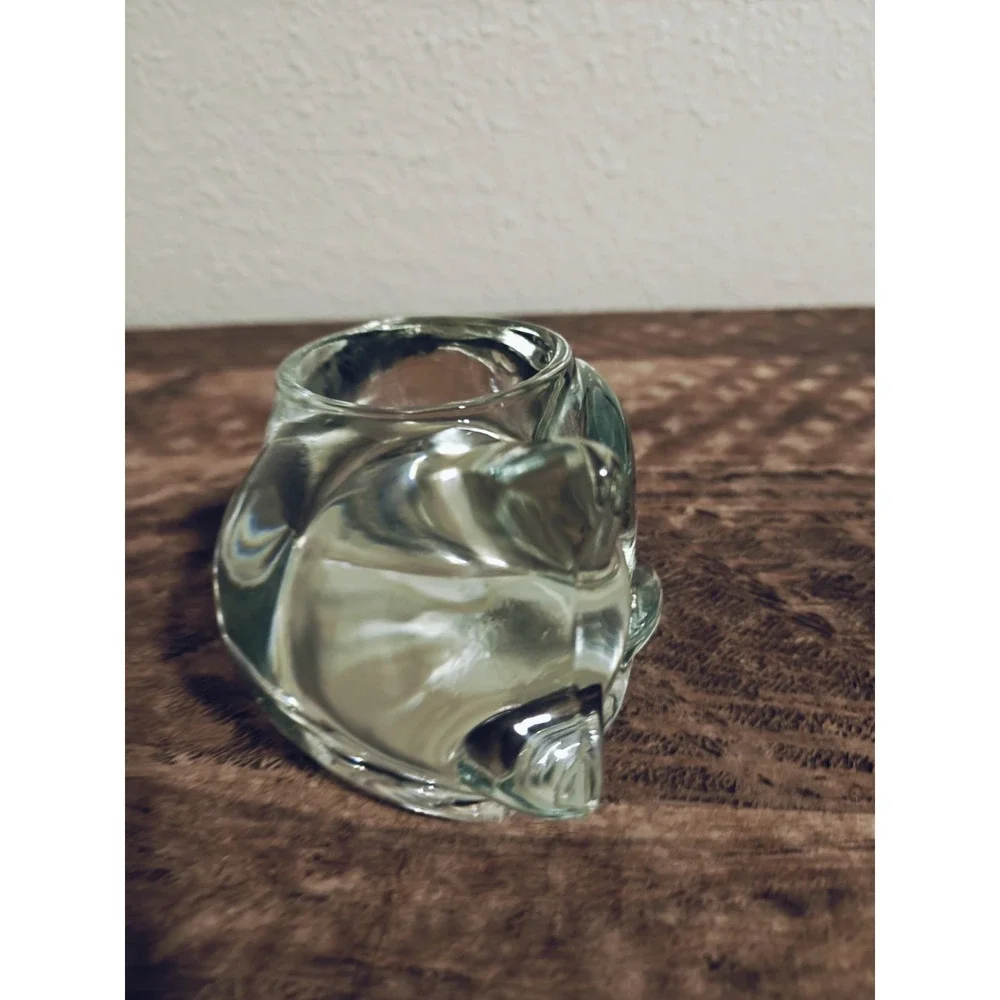 Vintage Indiana Glass Clear Sleeping Cat Votive Candle Holder Heavy Tealight